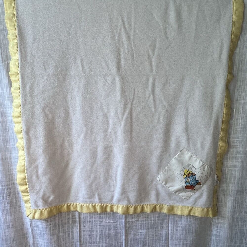 Paddington Bear Quiltex Baby Blanket White Embroidered Union USA 1980 Vintage